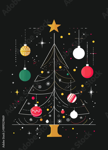 Minimalist modern Christmas tree with colorful hanging ornaments and gold star decoration on black background festive holiday greeting card vector illustration