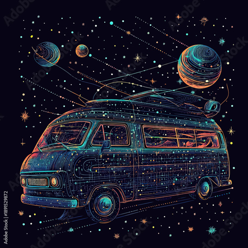 Retro camper van illustrated with glowing cosmic starry sky elements surrounded by planets and stars in vibrant neon space theme