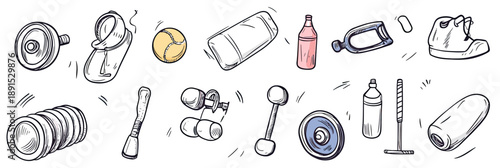 Hand drawn sketch sports fitness equipment illustrations with dumbbells, boxing gloves, tennis ball, water bottles, gym roller, jump rope and shoe doodle in minimalist vector style