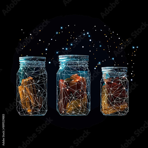Three glass jars filled with pickled vegetables low poly wireframe illustration with starry sky and constellation connections on black background digital art