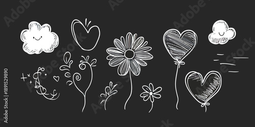 Hand drawn white chalk doodle clouds, flowers, hearts, and decorative swirls on dark chalkboard background vector illustration for children playful design elements set