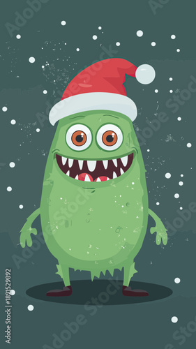 Funny green monster with big eyes and sharp teeth wearing red Santa hat standing on dark background with snowflakes cartoon vector illustration