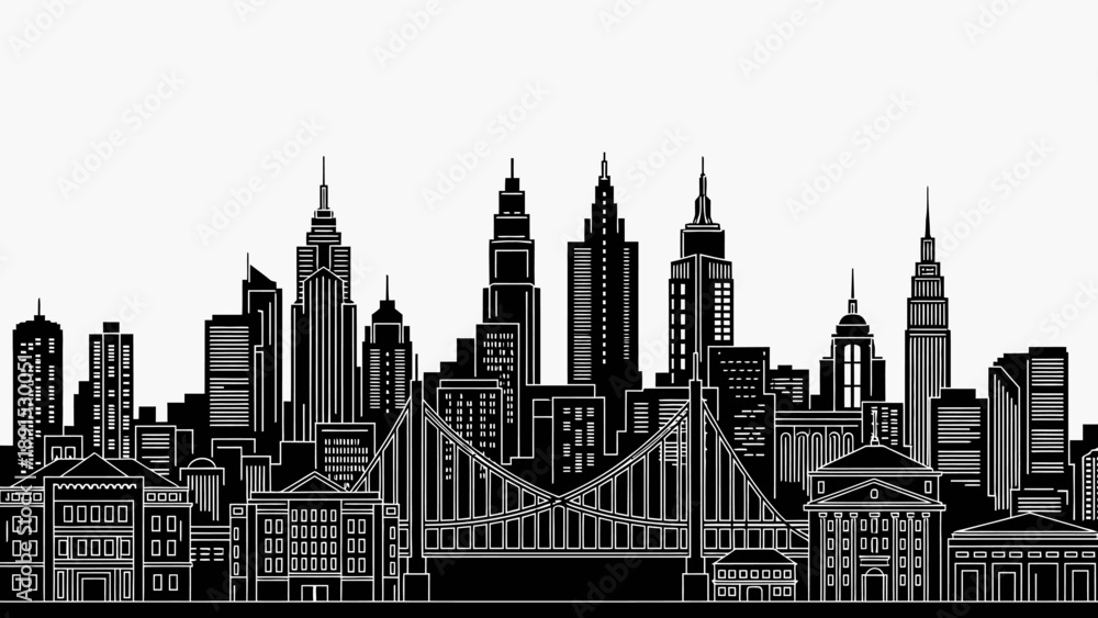 Obraz premium Monochromatic Cityscape Silhouette with Bridge and Skyscrapers