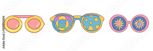Set of colorful retro round sunglasses with psychedelic patterns and floral designs, 1970s hippie style eyewear collection vector illustration