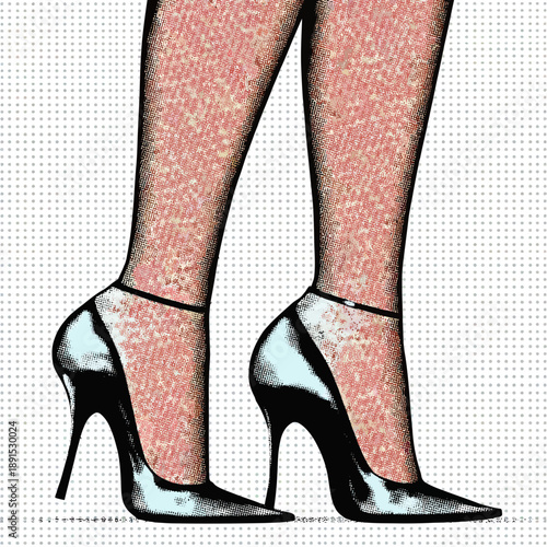 Closeup of female legs in high heel shoes with fishnet stockings in retro pop art style dotted halftone texture vintage fashion illustration vector