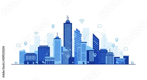 Wallpaper Mural Smart city skyline with wireless network and location pins Torontodigital.ca