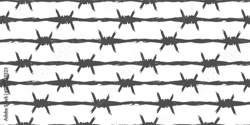 Seamless pattern of grunge barbed wire fence with sharp thorns on a white background vector illustration
