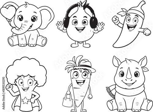 Kids coloring sheet bundle with funny animals and veggie mascots