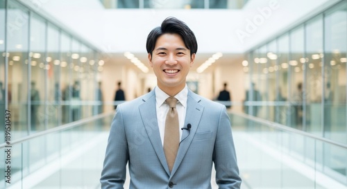 Wallpaper Mural Smiling Asian businessman with microphone in modern office corridor Torontodigital.ca