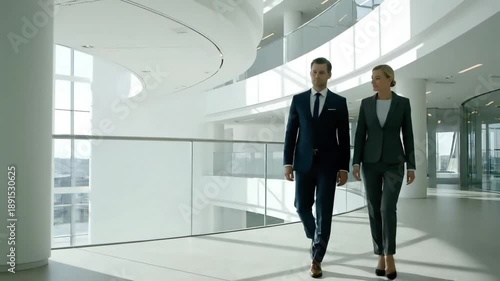 Two business professionals walking through a bright, modern office hallway with large windows and a minimalist aesthetic.