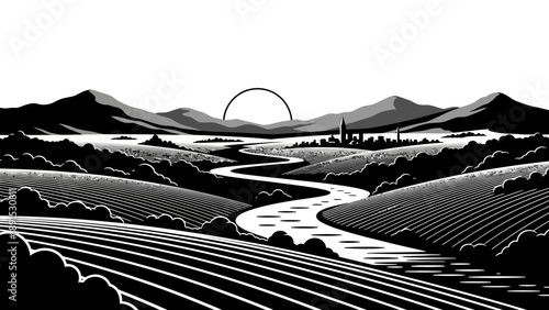 Monochromatic Landscape with Winding River, Cityscape, and Sun