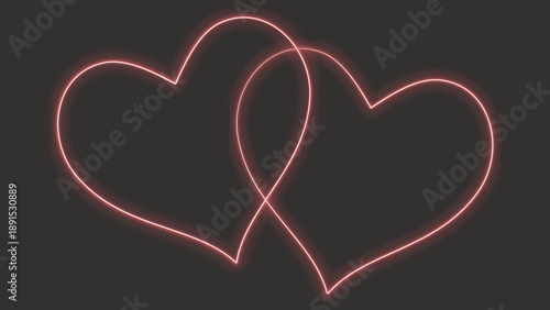 Two glowing pink neon hearts on a dark charcoal background – romantic Valentines Day vector illustration with vibrant electric light effect, wedding symbol and elegant night atmosphere