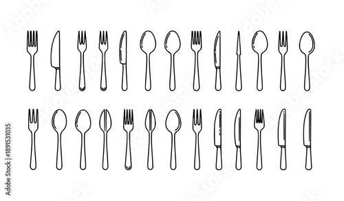 Minimal flat cutlery vector icon set with fork spoon and knife for kitchen and restaurant design