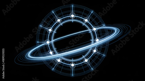 Futuristic technology interface with glowing rings and lines on a black background.
