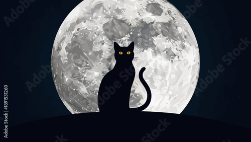 Mysterious Black Cat Silhouette Against Full Moon