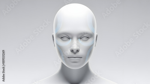 White female mannequin head with digital lines on face against grey background.