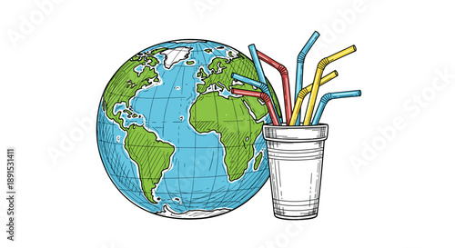 Earth Globe Burdened with Straws Highlighting Pollution and Environmental Impact