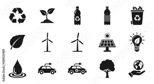 Ecology Icons: Renewable Energy Recycling and Environmental Sustainability Symbols