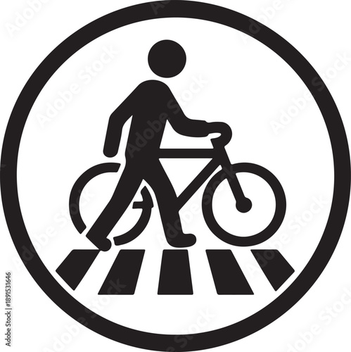 Pedestrian and Bicycle Crossing A simple yet powerful icon representing a person walking and pushing a bicycle across a crosswalk icon