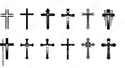 Variations of Black Christian Cross Symbol Vector Graphic Designs on White Background