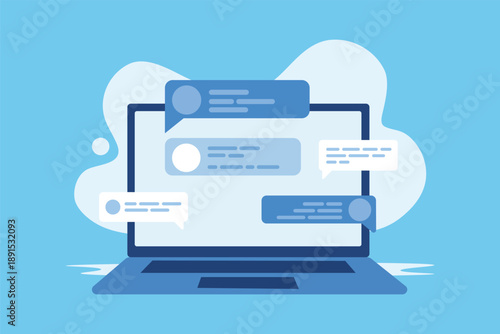 Online Chat Communication Concept with Laptop and Message Bubbles Flat Vector Illustration