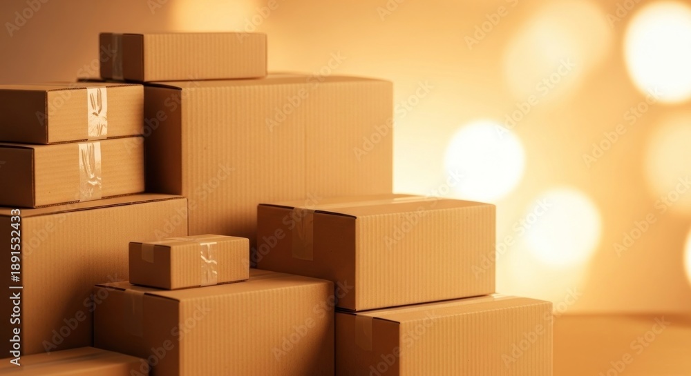 Obraz premium Stacked cardboard shipping boxes with warm blurred background lights
