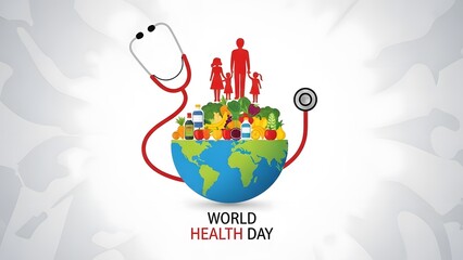 Health Day concept with globe stethoscope and healthy food