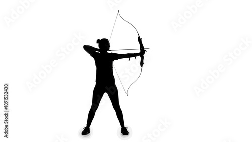 Silhouette of a woman practicing archery aiming her bow and arrow.
