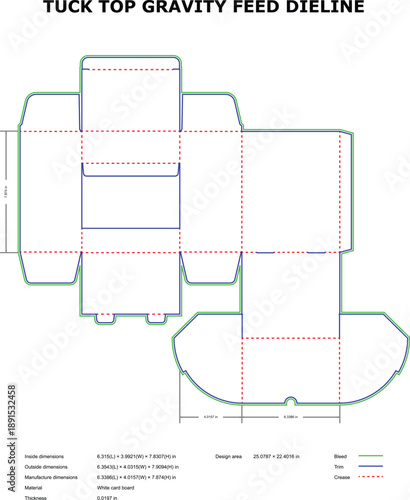 A technical diagram of a tuck top gravity feed die line