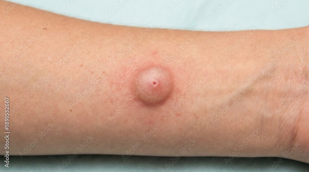 Fototapeta premium Inflamed skin lesion with central pore on a human forearm