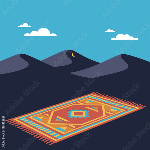 Vibrant Prayer Rug on Dark Mountain Landscape.