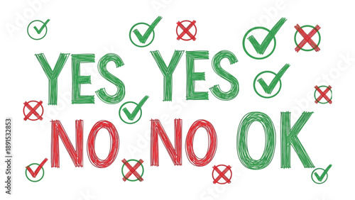 Decision Making: The words YES, NO and OK represent decisions, with associated checkmarks and crosses signifying approval or rejection, offering a visual representation of choice and outcome.