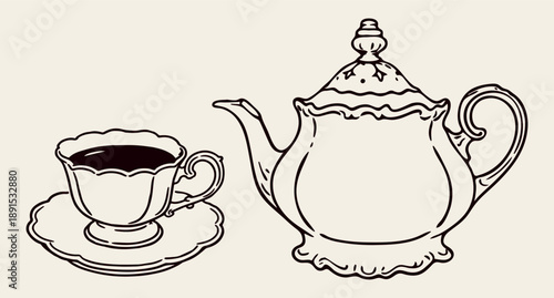 vintage teapot and teacup hand drawn line art illustration in classic retro style