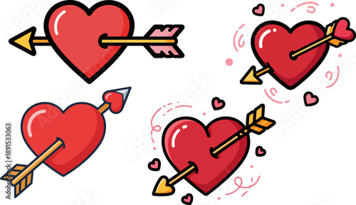 Collection of four charming stylized red heart illustrations pierced by golden arrows symbolizing love and passion on transparent background