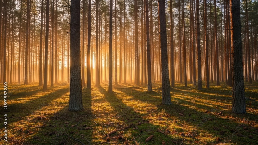 Obraz premium Sunlight streams through a dense forest of tall pine trees at sunrise.