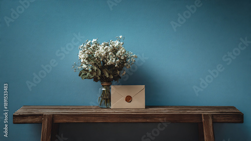 Bouquet and envelope with wax seal on bench against blue wall