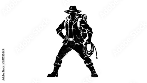 Silhouette of an adventurer with a backpack and rope.