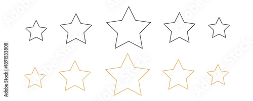 Gold and Black Hand drawn star design elements vector illustration isolated on white background. Five stars rating icon symbols