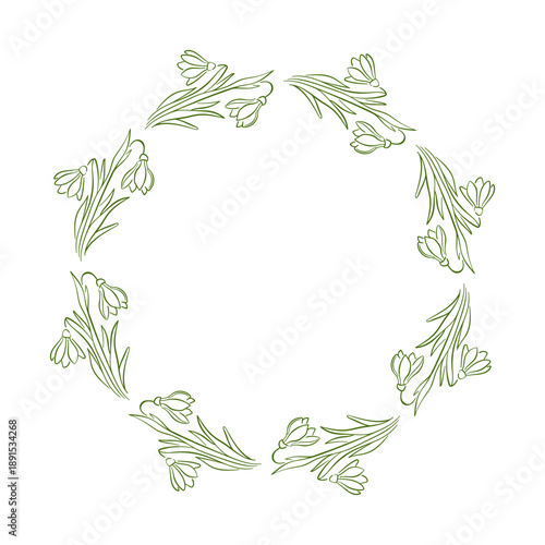 Snowdrop flower wreath in line art style. Ideal for spring card design, nature theme, botanical and elegant decor isolated on white background.