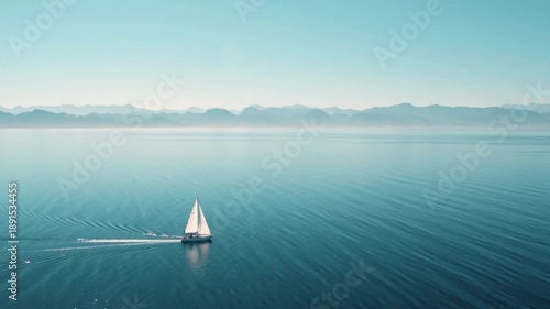 A serene scene on the ocean with a lone sailboat and mountains in the background