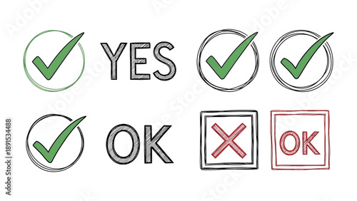 Affirmative symbols: A graphic set featuring the words yes and ok alongside checkmarks, and a cross mark, designed for conveying positive affirmation, acceptance, and approval. 