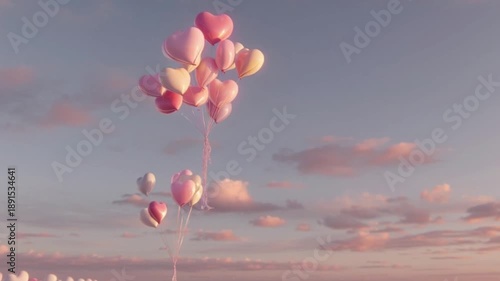 Heart-shaped balloons flying at sunset in a pastel sky