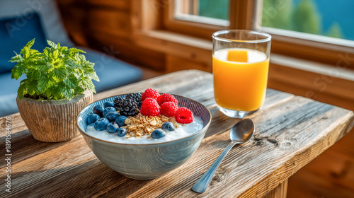 Enjoying a vibrant breakfast with fresh berries and yogurt in a cozy wooden cabin surrounded by nature on a sunny morning