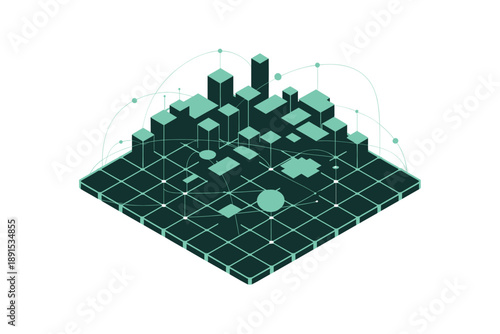 A 3D isometric vector graphic of a cityscape with a grid and data points