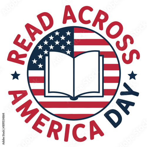 Read Across America Day circular badge design with open book and usa flag promoting literacy education and reading awareness
