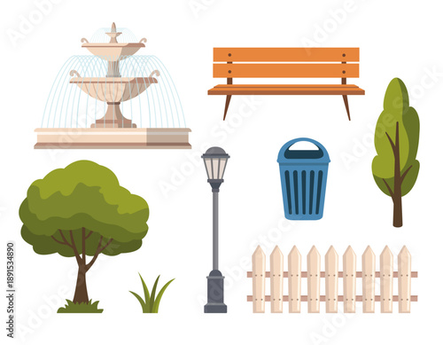 Set of city park elements isolated on white background. Vector stock
