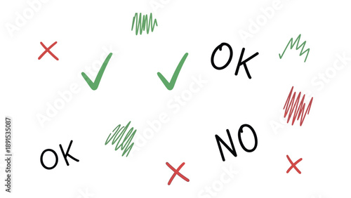 Agreement and Disagreement: A visually engaging composition of checks, crosses, and handwritten text that captures the essence of approval and disapproval.