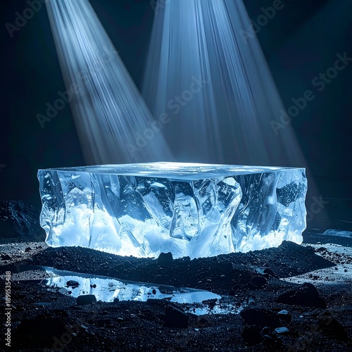 Illuminated ice block on a rocky surface, with beams of light shining down