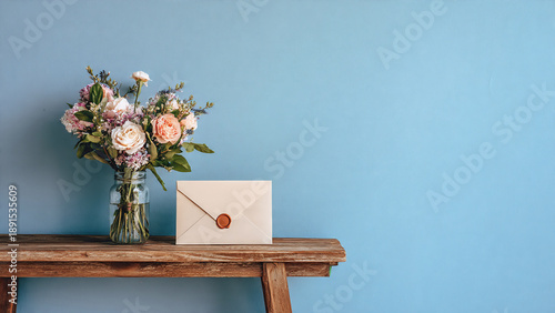 Bouquet and envelope with wax seal on bench against blue wall