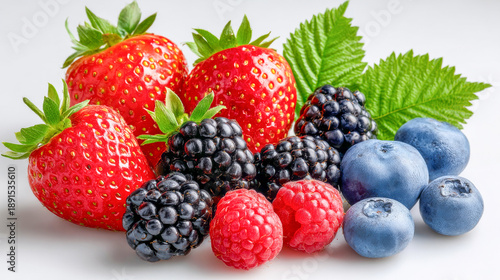 Fresh and vibrant assortment of mixed berries showcasing strawberries, blackberries, blueberries, and raspberries arranged beautifully on a light background